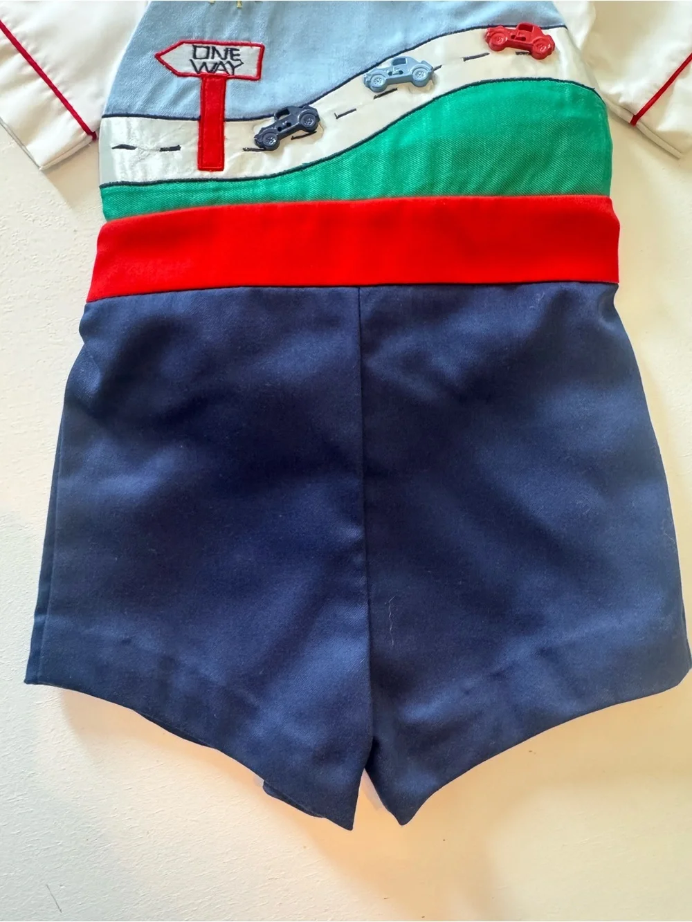 Vintage Boys Romper with Road & Car Appliqué — Navy, Red, Green, White